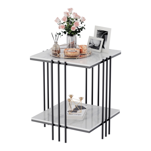 2 Tier Square Coffee Table:Modern Sofa Beside Table White Marble Nightstand End Table Storage Home Furniture with Metal Frame for Home Office Black