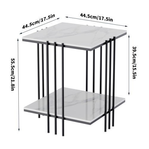 2 Tier Square Coffee Table:Modern Sofa Beside Table White Marble Nightstand End Table Storage Home Furniture with Metal Frame for Home Office Black