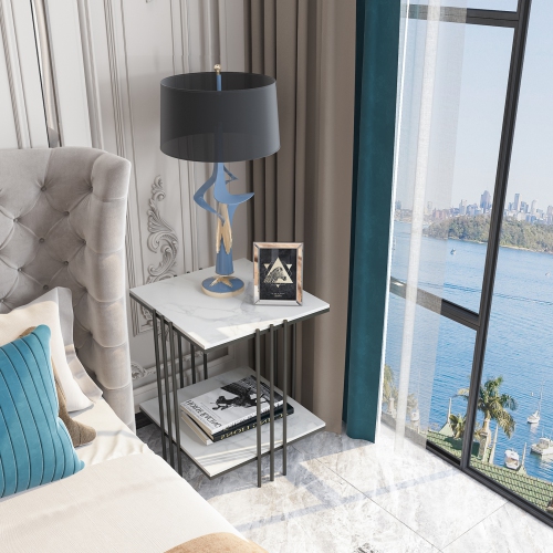 2 Tier Square Coffee Table:Modern Sofa Beside Table White Marble Nightstand End Table Storage Home Furniture with Metal Frame for Home Office Black
