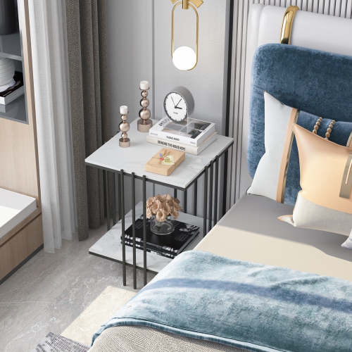 2 Tier Square Coffee Table:Modern Sofa Beside Table White Marble Nightstand End Table Storage Home Furniture with Metal Frame for Home Office Black
