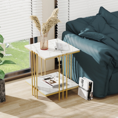 2 Tier Square Coffee Table:Modern Sofa Beside Table White Marble Nightstand End Table Storage Home Furniture with Metal Frame for Home Office Gold