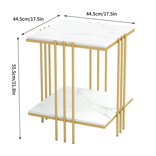 2 Tier Square Coffee Table:Modern Sofa Beside Table White Marble Nightstand End Table Storage Home Furniture with Metal Frame for Home Office Gold