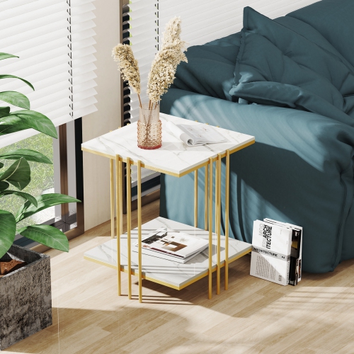 2 Tier Square Coffee Table:Modern Sofa Beside Table White Marble Nightstand End Table Storage Home Furniture with Metal Frame for Home Office Gold
