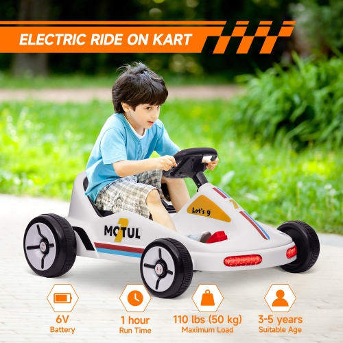 GoKart pour enfants de Qaba, 6&nbsp;V 7AH jouet porteur électrique Powerd avec musique, lumière, klaxon, pour jeunes garçons Girs 3-5 ans, blanc