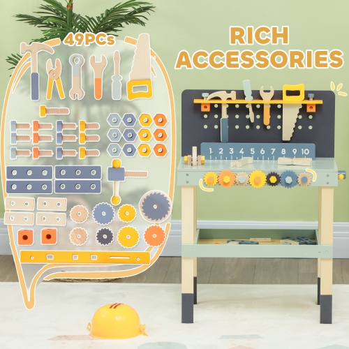 Qaba Kids Workbench, Kids Tool Set, 49 Piece Kids Tool Bench, Pretend Play Construction Workshop Toys Education Gift for Boys Girls 3-6 Years, Light