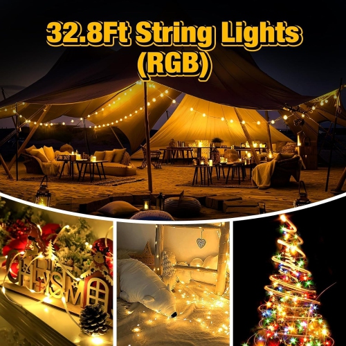 Camping Lights String, Outdoor String Lights with 5 Lighting Modes, Durable and Waterproof, USB Charging, Quick 30s Recovery, Portable Camping Lights