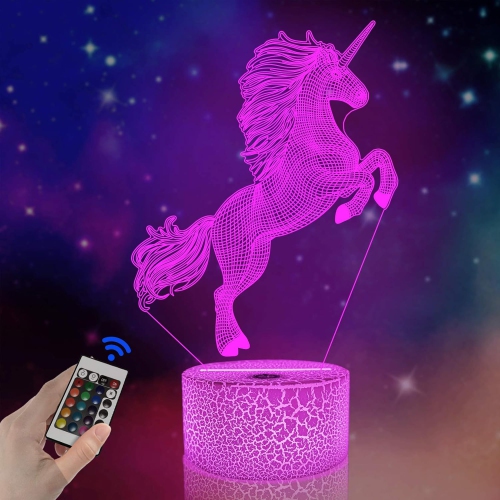 HTUTWOO  3D Unicorn Night Light Bedside Lamp - 16 Colors Changing Remote Control Hologram Illusion Light, Room Home Decor, Personalized Birthday &