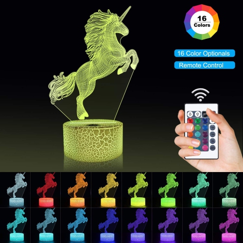 Veilleuse licorne 3D avec veilleuse, 16 éclairage hologramme à télécommande qui change de couleurs, décoration pour la maison, cadeau d'anniversaire