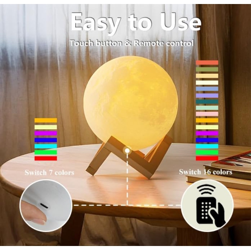 Moon Lamp 2024 Upgrade with Timer, 5.8inch/ 14.8cm 3D Moon Night Light 16 Colors Wooden Stand & Remote/Touch Control and USB Rechargeable, Gifts