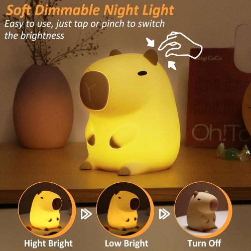 Capybara Night Light, Cute Animal Soft Silicone LED Touch Lamp with Dimmable and Timer, Portable Rechargeable Toddler Bedroom Bedside Table Decor,