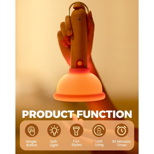 Plunger Night Light, Cute Plunger Lamp, Wooden Bar Silicone Funny Nightlight, Rechargeable LED Funny Flashlight with 30 Minutes Timer & One Button