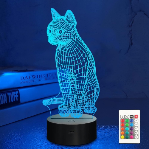 HTUTWOO  Cat Night Light, 3D Illusion Lamp for Kids 16 Colors Changing \w Remote Control Kids Bedroom Decor As Xmas Holiday Birthday Gifts for Boys