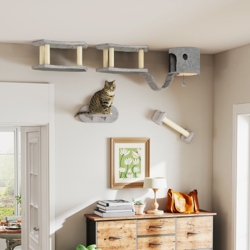 PawHut Cat Wall Shelves, 4PCs Cat Shelves with Scratching Post, Jumping Platforms, Ladder, Condo, Ceiling Wall Mounted Cat Climber, Light Grey