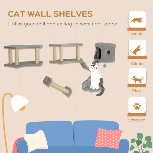 PawHut Cat Wall Shelves, 4PCs Cat Shelves with Scratching Post, Jumping Platforms, Ladder, Condo, Ceiling Wall Mounted Cat Climber, Light Grey