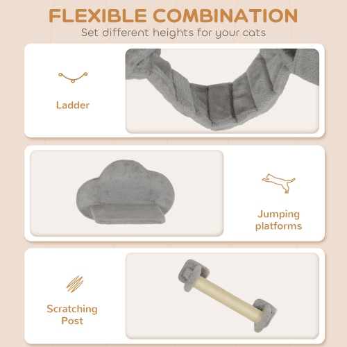 PawHut Cat Wall Shelves, 4PCs Cat Shelves with Scratching Post, Jumping Platforms, Ladder, Condo, Ceiling Wall Mounted Cat Climber, Light Grey