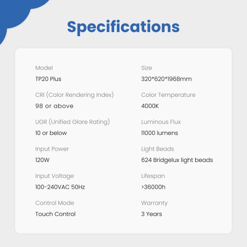 Tiptolls TP20 Plus Full Spectrum Eye Protection Floor Lamp with 11000LM Bright LEDs, 120W, 4000K Daylight, Dimmable, Tall Standing Lamp for