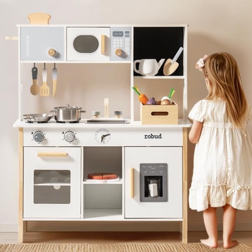 Cuisine jouet pour enfants de ROBUD - Cuisine jouet en bois avec jardinière, Ensemble de cuisine de prétend Montessori avec machine à glaçons et four