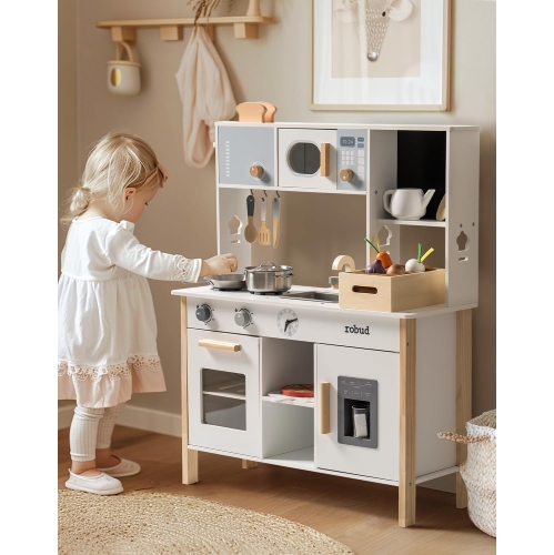 Cuisine jouet pour enfants de ROBUD - Cuisine jouet en bois avec jardinière, Ensemble de cuisine de prétend Montessori avec machine à glaçons et four