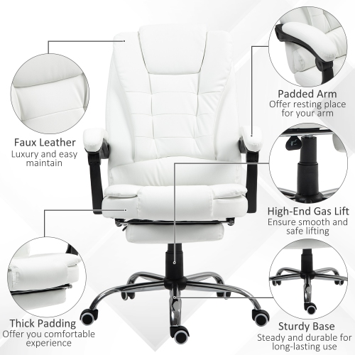 Fauteuil de direction inclinable à dossier haut en cuir PU de HOMCOM avec accoudoirs rembourrés rétractables, blanc