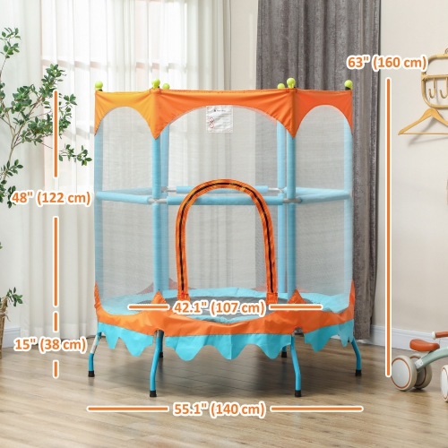 Qaba Trampoline for Kids, 4.6FT Toddler Trampoline Indoor Outdoor Mini Recreational Trampoline with Handlebar, Safety Enclosure Net, Birthday Gifts