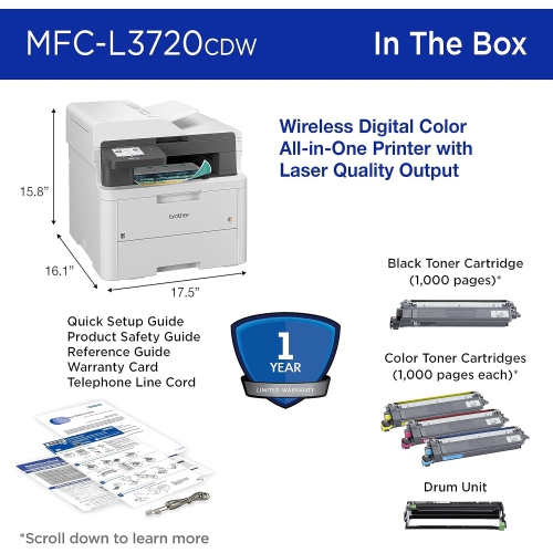 Open Box - Brother MFC-L3720CDW Wireless Digital Colour All-in-One Printer with Copy, Scan and Fax, Duplex and Mobile Printing