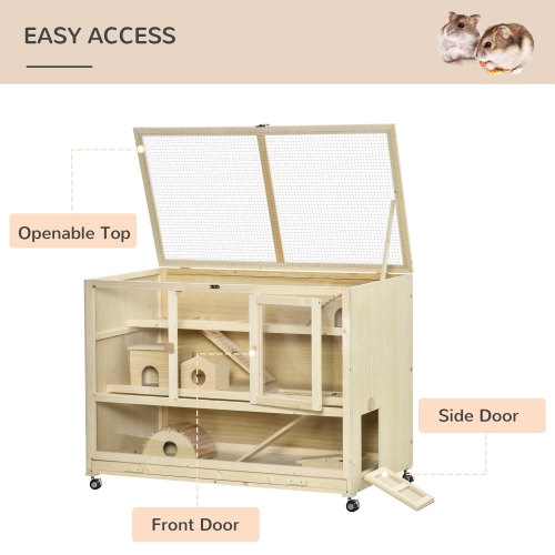 PawHut Wooden Hamster Cage, 3 Tier Rat Cage with Openable Roof, Run, Ladders, Wheels, Tray, for Hamsters, Rats, Syrian, Small Animals Exercise Play
