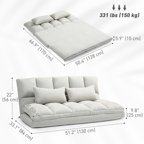 HOMCOM 51" Folding Floor Sofa, Foldable 2-Seater Lazy Sofa Sleeper Bed, Adjustable Linen Floor Couch with 9-position Backrest, 2 Pillows and Wide