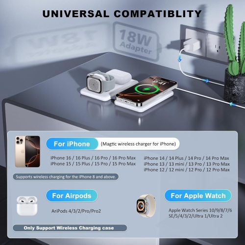 Wireless Charger for iPhone 16-3 in 1 Charging Station for Apple Devices, Travel Magnetic Charger pad for iPhone 15 14 13 12 pro max & AirPods