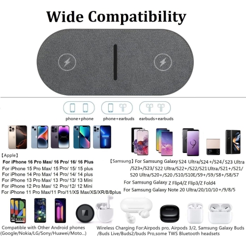 Dual 20W Wireless Charging Pad 2 in 1 Fast Wireless Charger Mat for iPhone 11/12/13/14/15/16 Pro Max/Mini/XS/8 Plus, Airpods 3/2/Pro, for Samsung
