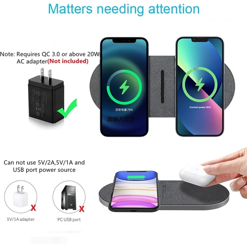 Dual 20W Wireless Charging Pad 2 in 1 Fast Wireless Charger Mat for iPhone 11/12/13/14/15/16 Pro Max/Mini/XS/8 Plus, Airpods 3/2/Pro, for Samsung