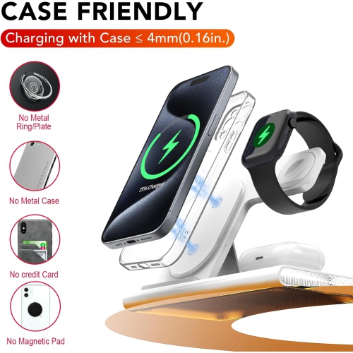 3 in 1 Foldable Charging Station for Apple Wireless Charger for iPhone 16 15 14 13 12 11 Series, Wireless Charging Station with Night Light for Apple