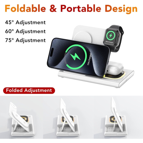 3 in 1 Foldable Charging Station for Apple Wireless Charger for iPhone 16 15 14 13 12 11 Series, Wireless Charging Station with Night Light for Apple
