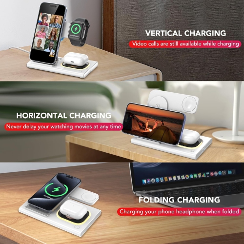 3 in 1 Foldable Charging Station for Apple Wireless Charger for iPhone 16 15 14 13 12 11 Series, Wireless Charging Station with Night Light for Apple