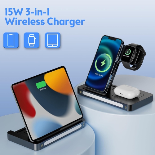 Wireless Charger, 3 in 1 Charging Station Apple, 18W Fast Wireless Charger Stand Compatible with iPhone 15/14/13/12/11/Pro/SE/XS/XR/8 Plus