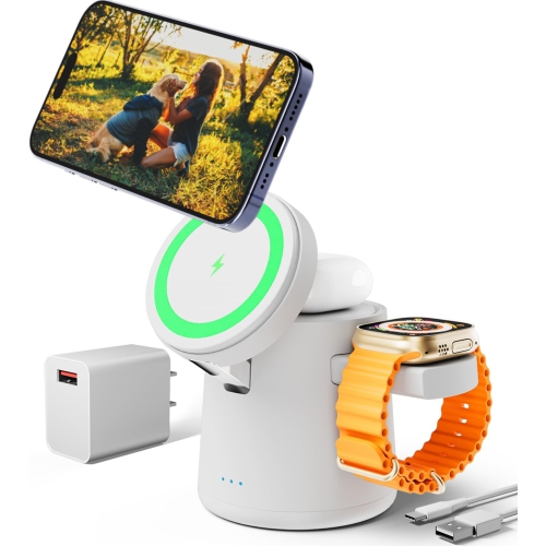 YOULIGHTS  2025 Upgrade 3 In 1 Charging Station for Apple Magsafe Charger, Adjustable Portable Wireless Charging Stand, Fast Wireless Charger Dock