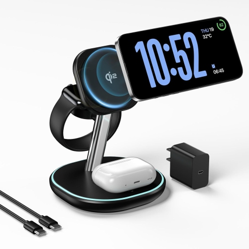 YOULIGHTS  Qi2 3 In 1 Wireless Charging Station, Certified 15W Fast Wireless Charger for Iphone 16/15/15 Pro/14/13/12, Apple Watch, Airpods, Magnetic
