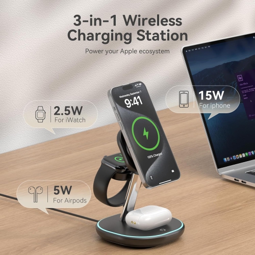 Qi2 3 in 1 Wireless Charging Station, Certified 15W Fast Wireless Charger for iPhone 16/15/15 Pro/14/13/12, Apple Watch, AirPods, Magnetic Charger