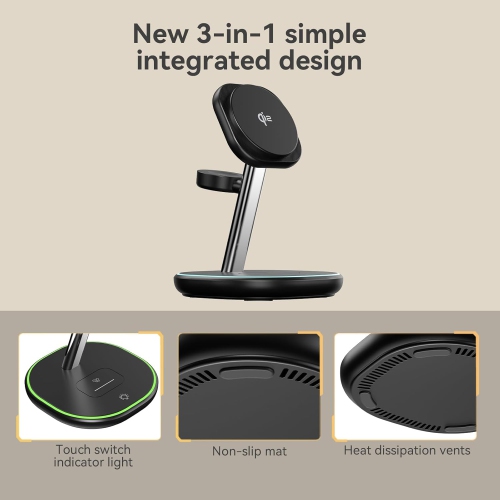 Qi2 3 in 1 Wireless Charging Station, Certified 15W Fast Wireless Charger for iPhone 16/15/15 Pro/14/13/12, Apple Watch, AirPods, Magnetic Charger