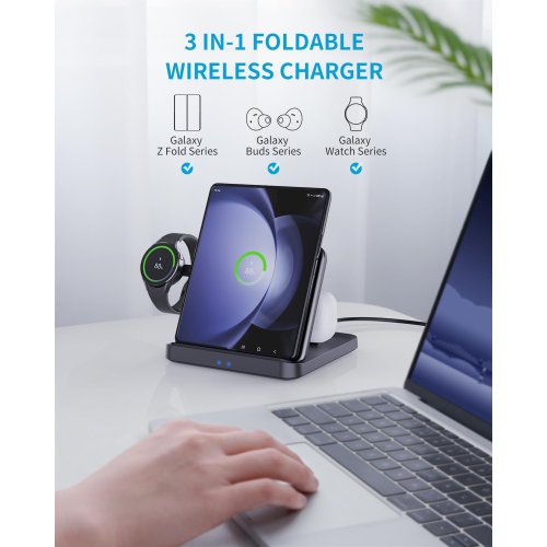 3 in 1 Wireless Charger Station for Samsung Z Fold 6/5, Foldable Fast Wireless Charging Station Dock