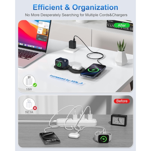 3 in 1 Wireless Charging Station for Apple MagSafe Charger, Foldable Magnetic Travel Charger for Multiple Devices iPhone 16 15 14 13 12 Series Apple
