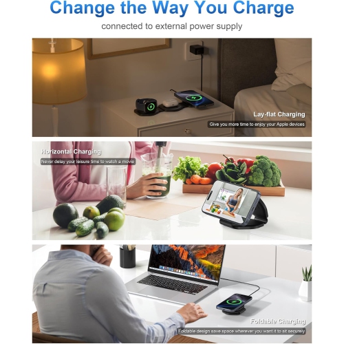 3 in 1 Wireless Charging Station for Apple MagSafe Charger, Foldable Magnetic Travel Charger for Multiple Devices iPhone 16 15 14 13 12 Series Apple