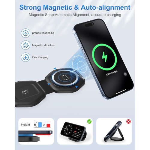 3 in 1 Wireless Charging Station for Apple MagSafe Charger, Foldable Magnetic Travel Charger for Multiple Devices iPhone 16 15 14 13 12 Series Apple