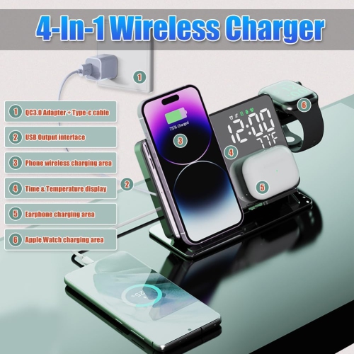 Station de recharge sans fil 4-en-1 pour appareils Apple, chargeur sans fil rapide 18&nbsp;W, réveil-matin et affichage de la température, socle de