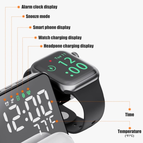 Station de recharge sans fil 4-en-1 pour appareils Apple, chargeur sans fil rapide 18&nbsp;W, réveil-matin et affichage de la température, socle de