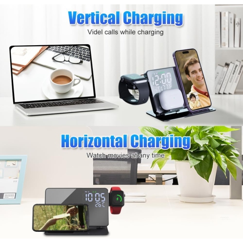 Station de recharge sans fil 4-en-1 pour appareils Apple, chargeur sans fil rapide 18&nbsp;W, réveil-matin et affichage de la température, socle de