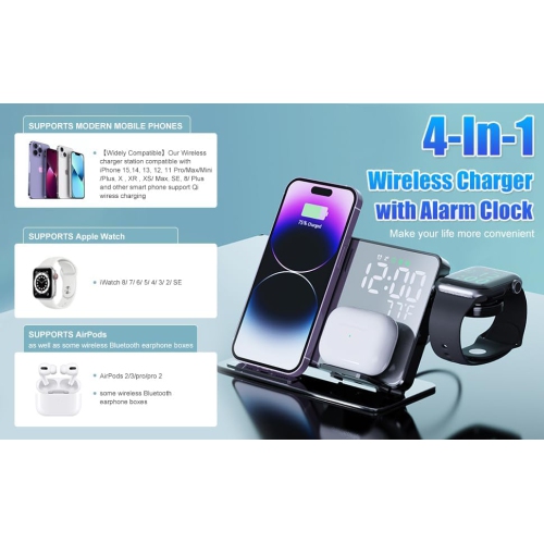 Station de recharge sans fil 4-en-1 pour appareils Apple, chargeur sans fil rapide 18&nbsp;W, réveil-matin et affichage de la température, socle de
