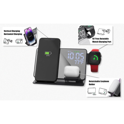 Station de recharge sans fil 4-en-1 pour appareils Apple, chargeur sans fil rapide 18&nbsp;W, réveil-matin et affichage de la température, socle de