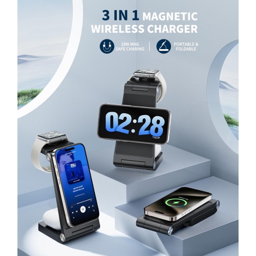 3 in 1 Wireless Charging Station for Apple MagSafe Charger Phone and Watch Charger Station for iPhone, iPhone Wireless Charger Stand Compatible for