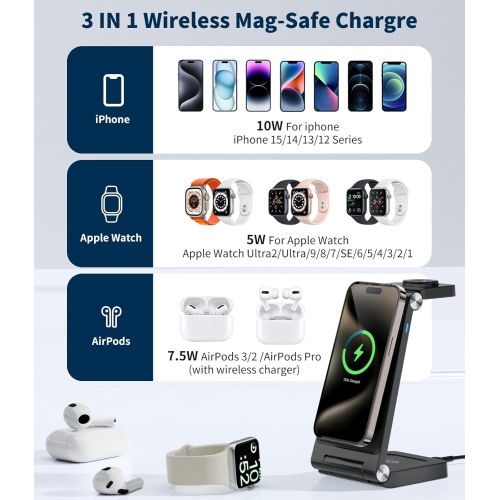 3 in 1 Wireless Charging Station for Apple MagSafe Charger Phone and Watch Charger Station for iPhone, iPhone Wireless Charger Stand Compatible for