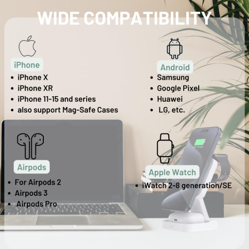 3 in 1 Wireless Charging Station for iPhone 16 15 14 Pro Max, Apple Watch & AirPods Charger, Android and Qi-Certified Fast Charging Dock